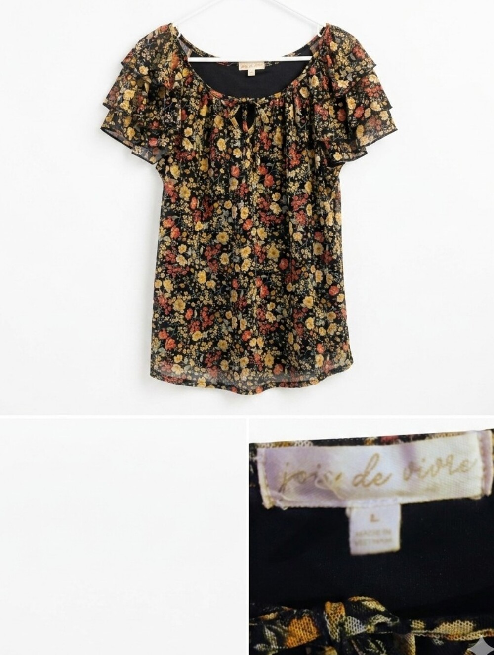 Joie De Vivre Floral Ruffled Off-Shoulder Top - Black & Cream With Floral Colors